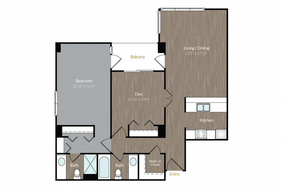Floor plan for 1 bed, 1 bath, 931 sqft