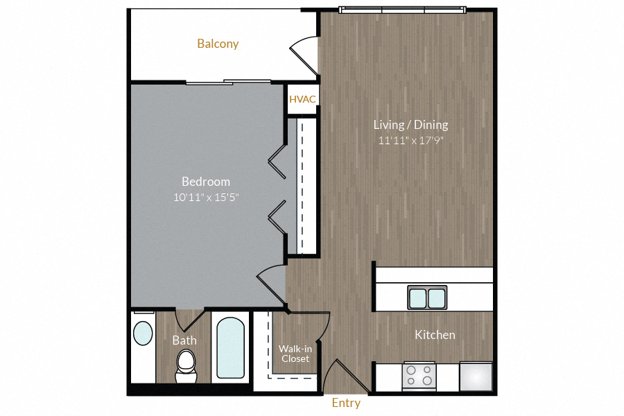 Floor plan for 1 bed, 1 bath, 638 sqft