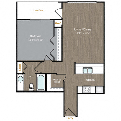 Floor plan for 1 bed, 1 bath, 662 sqft