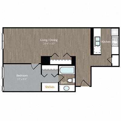 Floor plan for 1 bed, 1 bath, 435 sqft