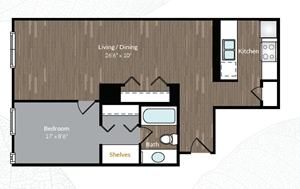 Floor plan for 1 bed, 1 bath, 730 sqft