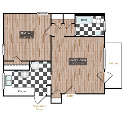 Floor plan for 1 bed, 1 bath, 627 sqft