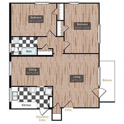 Floor plan for 2 beds, 2 baths, 935 sqft