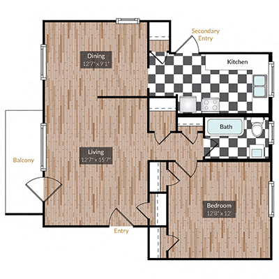 Floor plan for 1 bed, 1 bath, 716 sqft