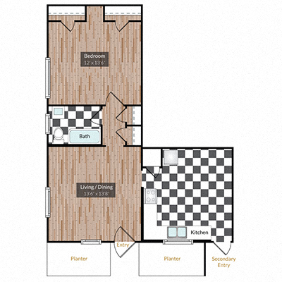 Floor plan for 1 bed, 1 bath, 685 sqft