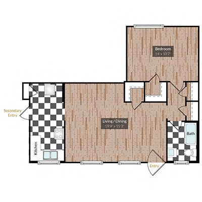 Floor plan for 1 bed, 1 bath, 670 sqft