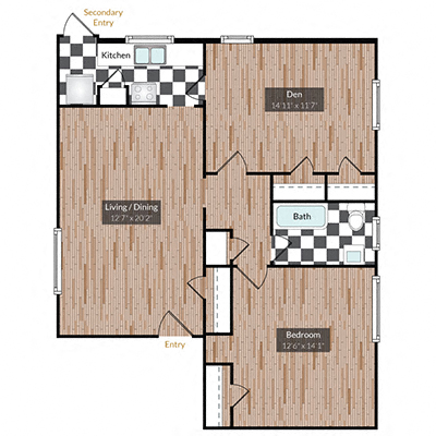 Floor plan for 1 bed, 1 bath, 856 sqft