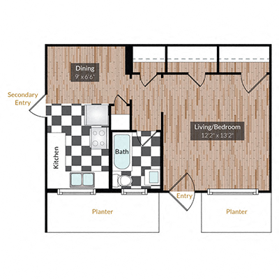 Floor plan for studio, 1 bath, 421 sqft