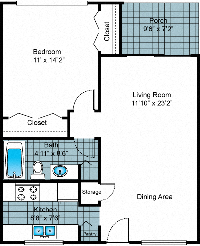 Floor plan for 1 bed, 1 bath, 750 sqft