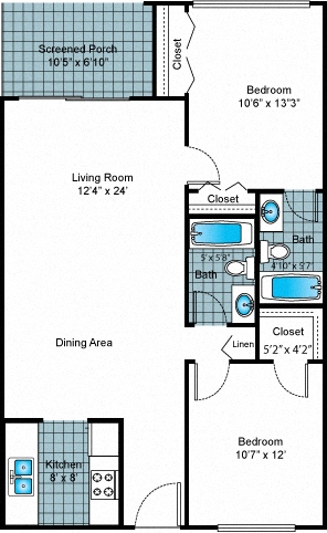 Floor plan for 2 beds, 2 baths, 960 sqft