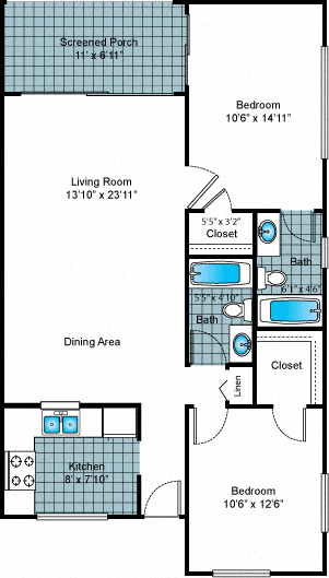 Floor plan for 2 beds, 2 baths, 1070 sqft