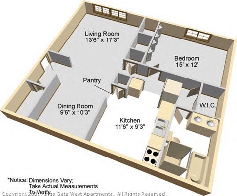 Floor plan for 1 bed, 1 bath, 868 sqft