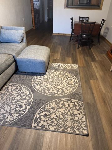 Buchanan apartment for rent - A living room with a grey couch and a rug with a floral pattern.