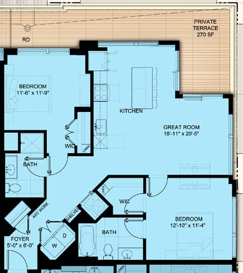 Floor plan for 2 beds, 2 baths, 1082 sqft