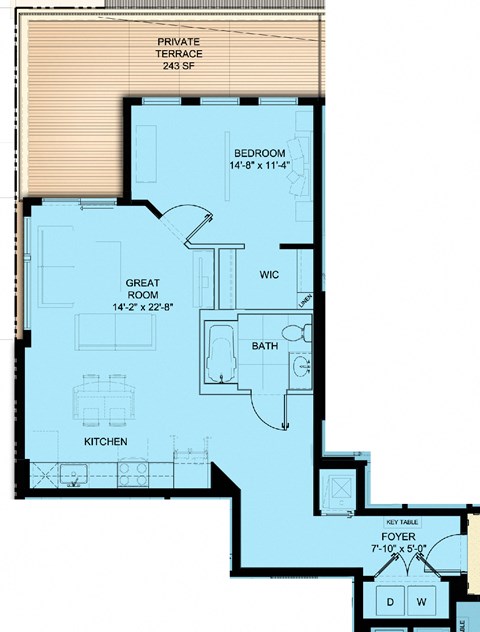 Floor plan for 1 bed, 1 bath, 829 sqft