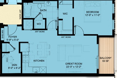 Floor plan for 1 bed, 1 bath, 782 sqft