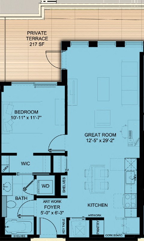 Floor plan for 1 bed, 1 bath, 747 sqft