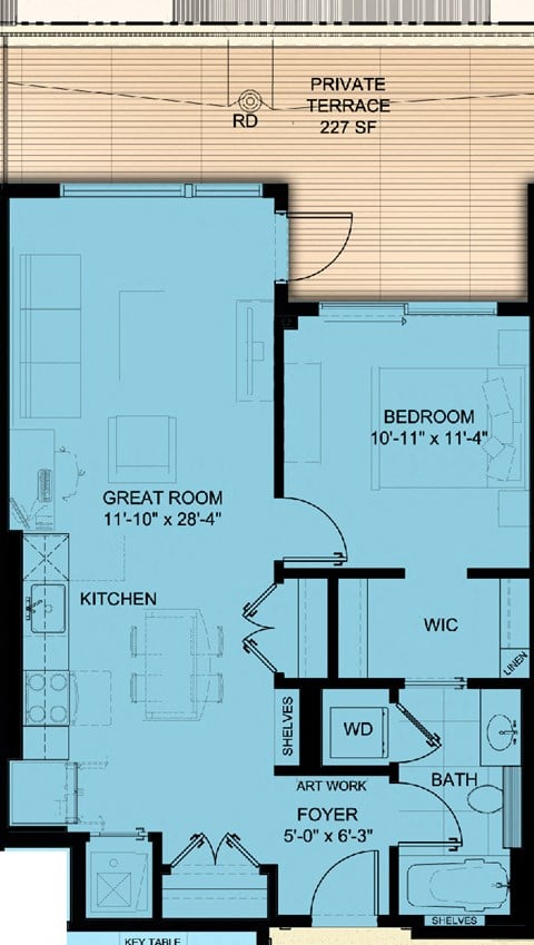Floor plan for 1 bed, 1 bath, 721 sqft