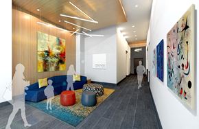 Baton Rouge apartment for rent - a rendering of a long hallway with couches and art on the walls