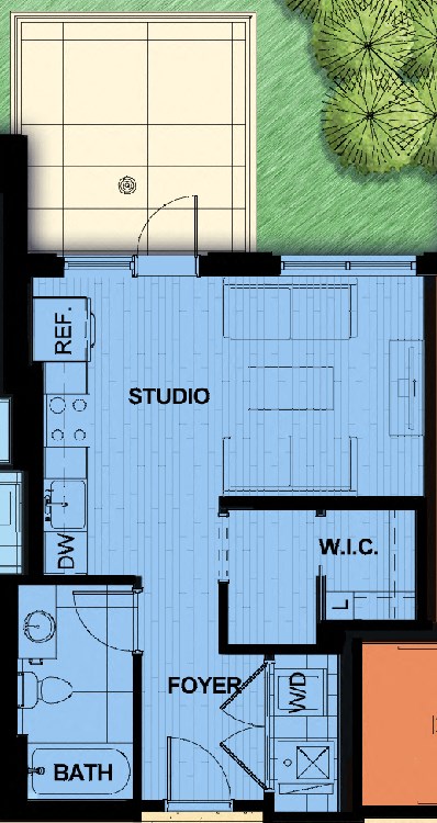 Floor plan for studio, 1 bath, 480 sqft