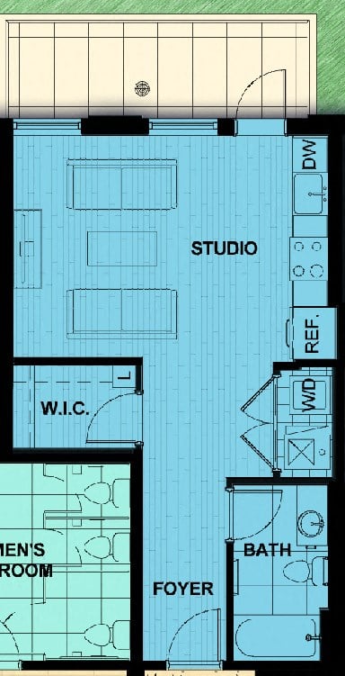 Floor plan for studio, 1 bath, 538 sqft