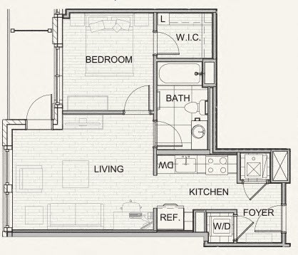 Floor plan for 1 bed, 1 bath, 596 sqft