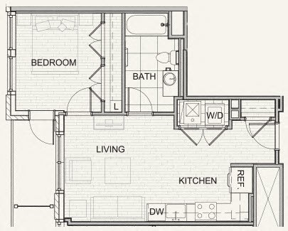 Floor plan for 1 bed, 1 bath, 607 sqft