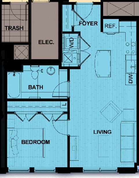 Floor plan for 1 bed, 1 bath, 632 sqft