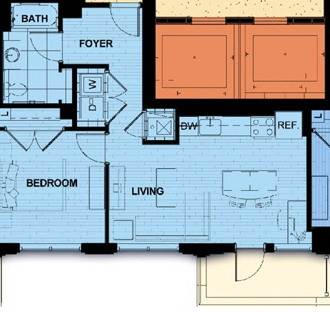 Floor plan for 1 bed, 1 bath, 674 sqft