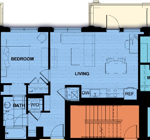 Floor plan for 1 bed, 1 bath, 711 sqft