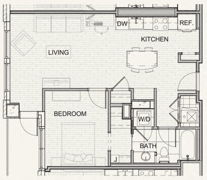 Floor plan for 1 bed, 1 bath, 748 sqft