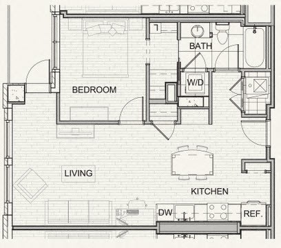 Floor plan for 1 bed, 1 bath, 751 sqft
