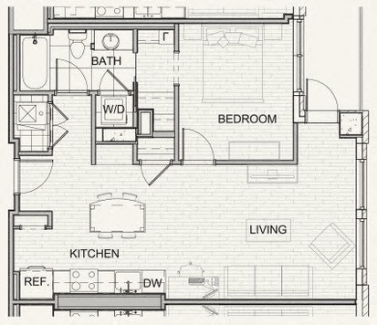 Floor plan for 1 bed, 1 bath, 752 sqft