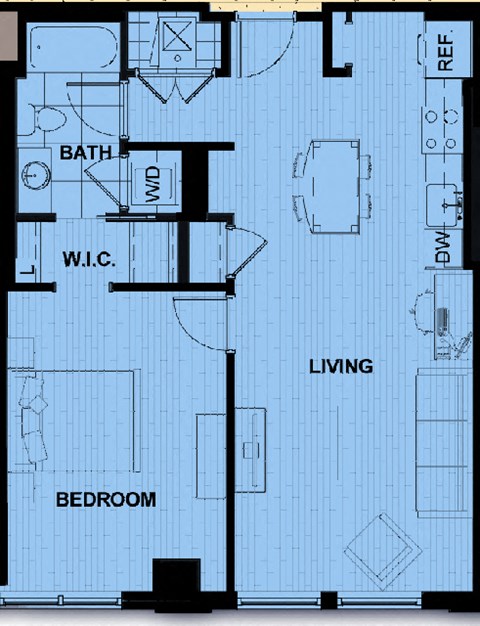 Floor plan for 1 bed, 1 bath, 776 sqft