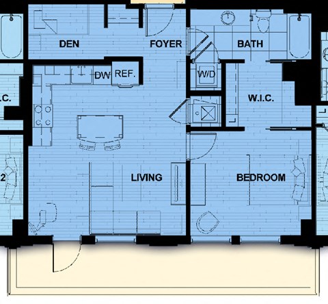 Floor plan for 1 bed, 1 bath, 819 sqft