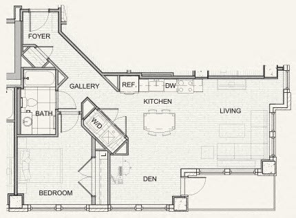 Floor plan for 1 bed, 1 bath, 891 sqft
