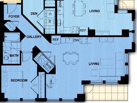Floor plan for 1 bed, 1 bath, 895 sqft