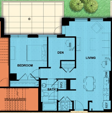 Floor plan for 1 bed, 1 bath, 926 sqft