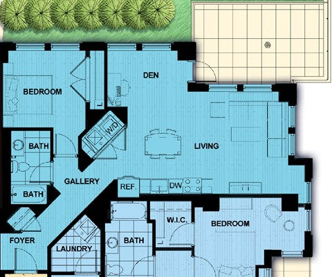 Floor plan for 1 bed, 1 bath, 814 sqft