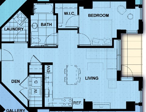 Floor plan for 1 bed, 1 bath, 872 sqft