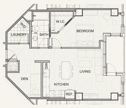 Floor plan for 1 bed, 1 bath, 877 sqft