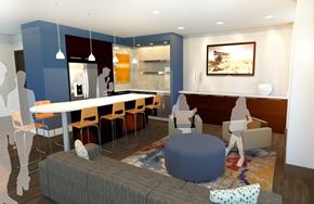 Baton Rouge apartment for rent - a rendering of a living room with a kitchen and a dining room