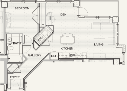Floor plan for 1 bed, 1 bath, 898 sqft