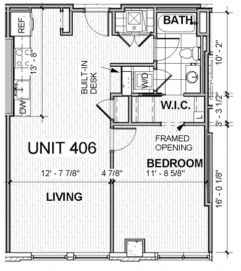 Floor plan for 1 bed, 1 bath, 773 sqft