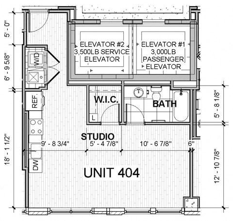 Floor plan for studio, 1 bath, 577 sqft