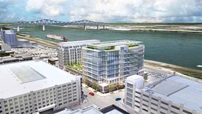 Baton Rouge apartment for rent - a rendering of a tall building next to a river and a bridge