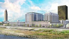 Baton Rouge apartment for rent - a rendering of a city with tall buildings and a river