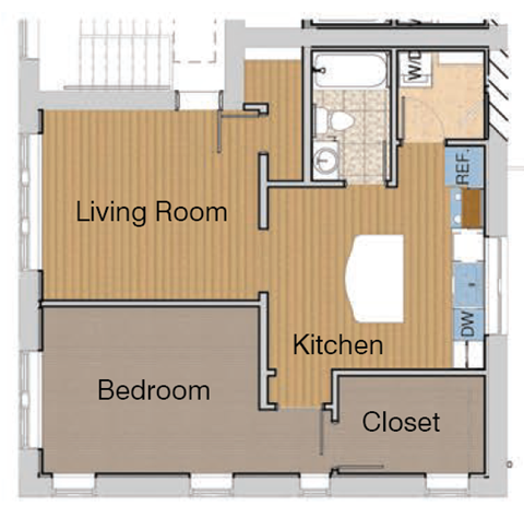 Floor plan for 1 bed, 1 bath, 715 sqft