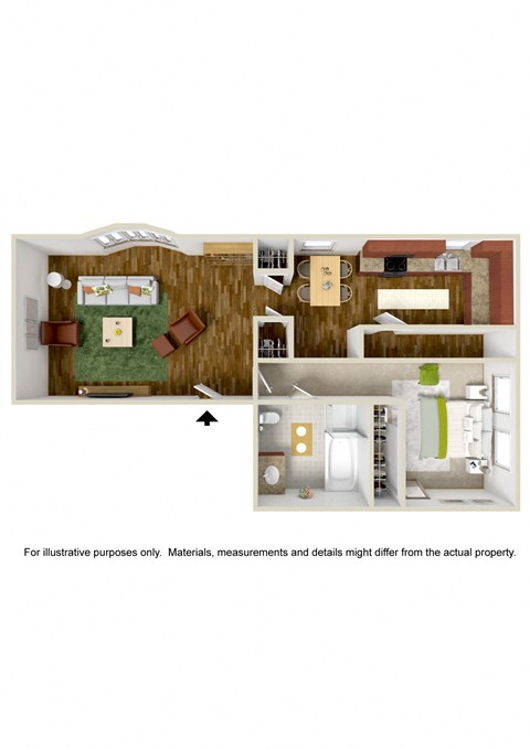Floor plan for 1 bed, 1 bath, 500 sqft