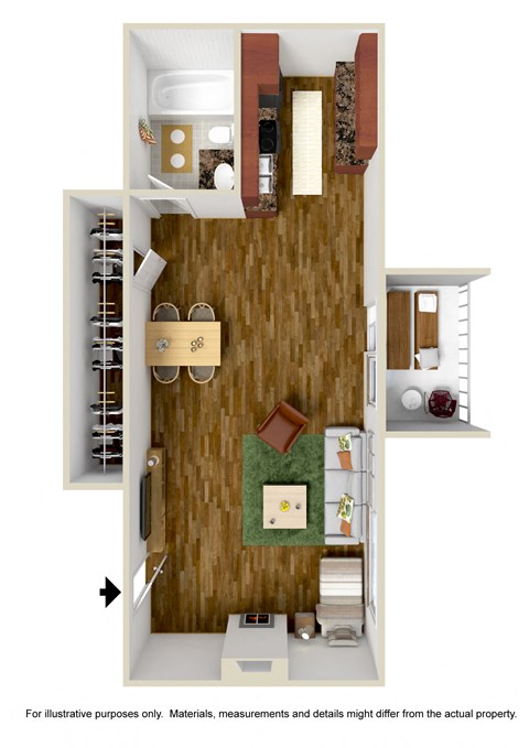 Floor plan for studio, 1 bath, 624 sqft